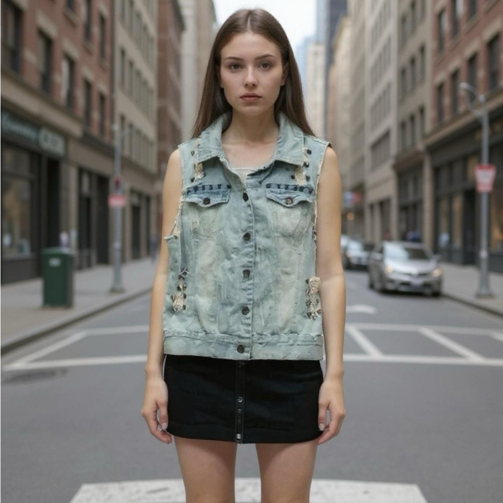 Hot & Delicious Studded Distressed Cotton Vest Light Wash Size Large